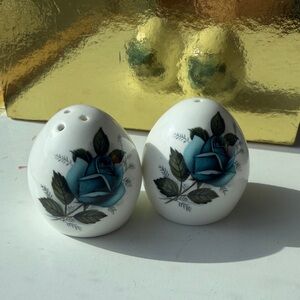 Vintage fine bone china White Ceramic Salt and Pepper Shakers  Teal Blue Rose